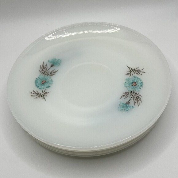 Fire King Other - Set Of 4 Vintage Fire King Bonnie Blue Floral Saucer Plate Teal Flower MCM White